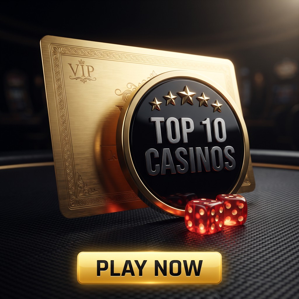 Gold VIP card and Top 10 Casinos badge with glowing red dice and a Play Now button